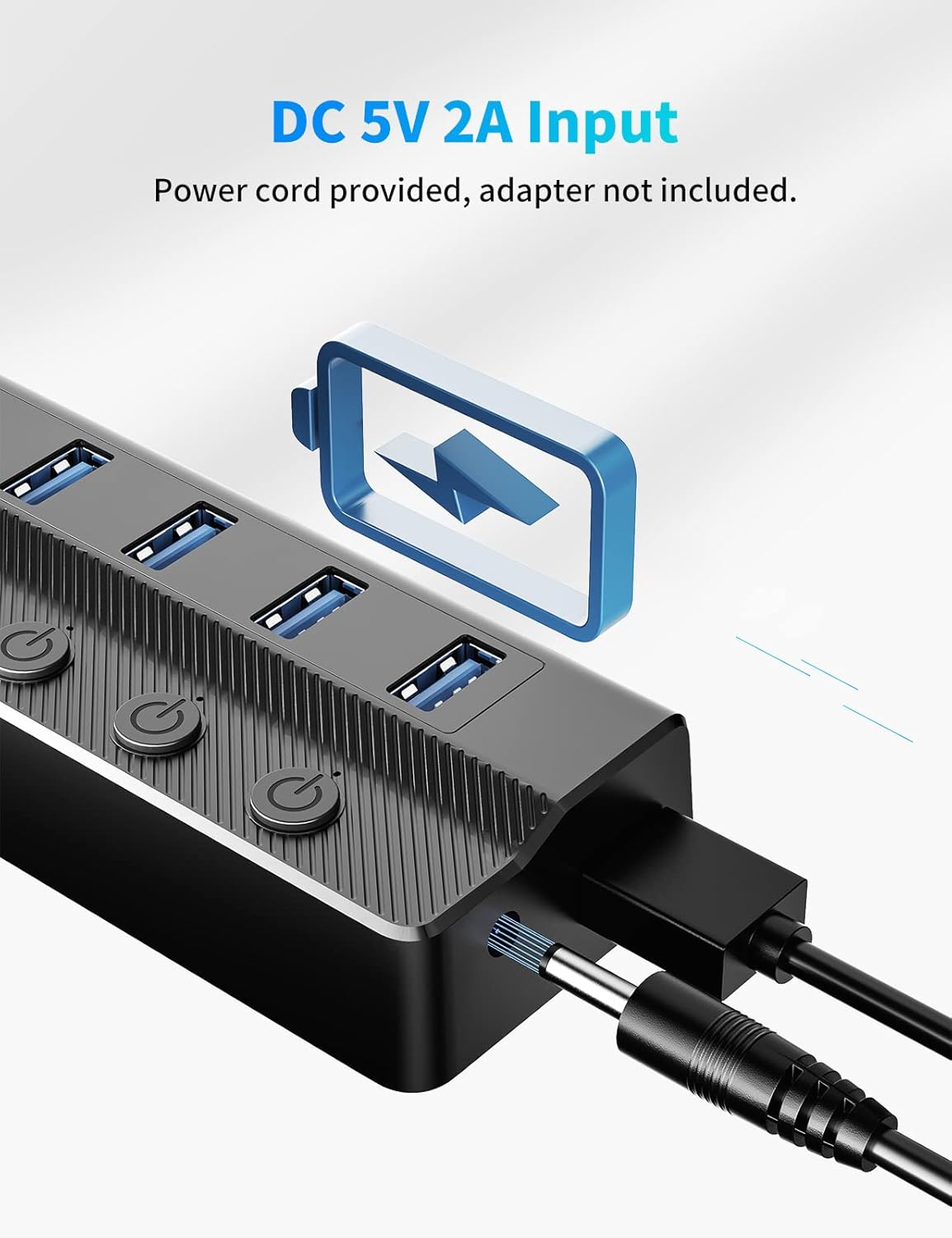 6-portowy koncentrator USB 3.0, rozdzielacz USB do laptopa z osobnymi przełącznikami włączania/wyłączania i lampkami kontrolnymi, kabel 90 cm, Prolo - 4