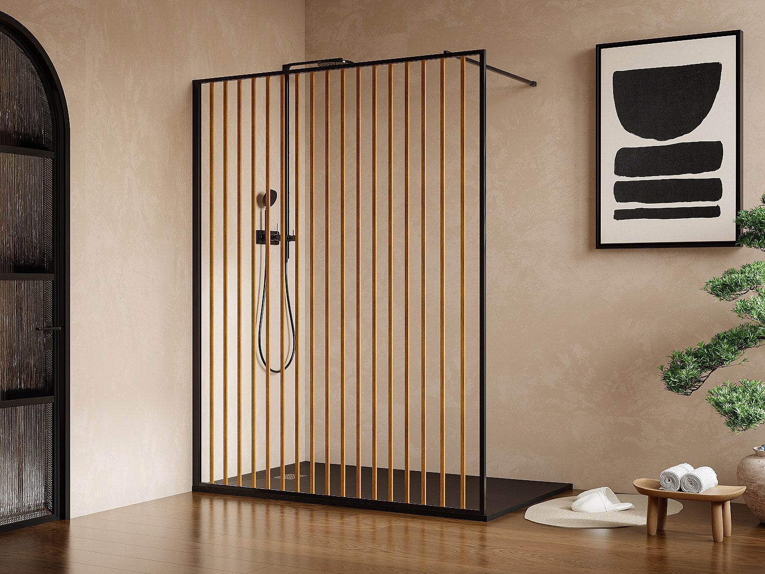 Ścianka prysznicowa do kabiny walk-in z aluminium - Efekt drewna i czarny mat - 140 x 200 cm - TOPEKA