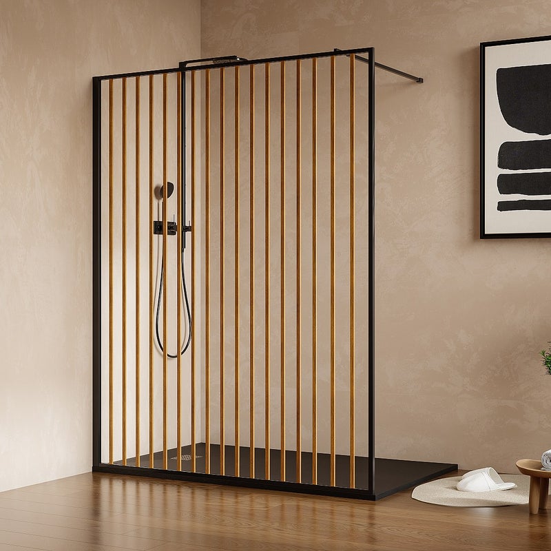 Ścianka prysznicowa do kabiny walk-in z aluminium - Efekt drewna i czarny mat - 140 x 200 cm - TOPEKA