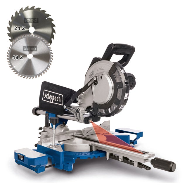 Scie à onglet Scheppach HM216 – 2000 W – Lame Ø 216 mm – Largeur de coupe 340 mm – Laser – 2 lames, butées d'angle & rallonges latérales incluses