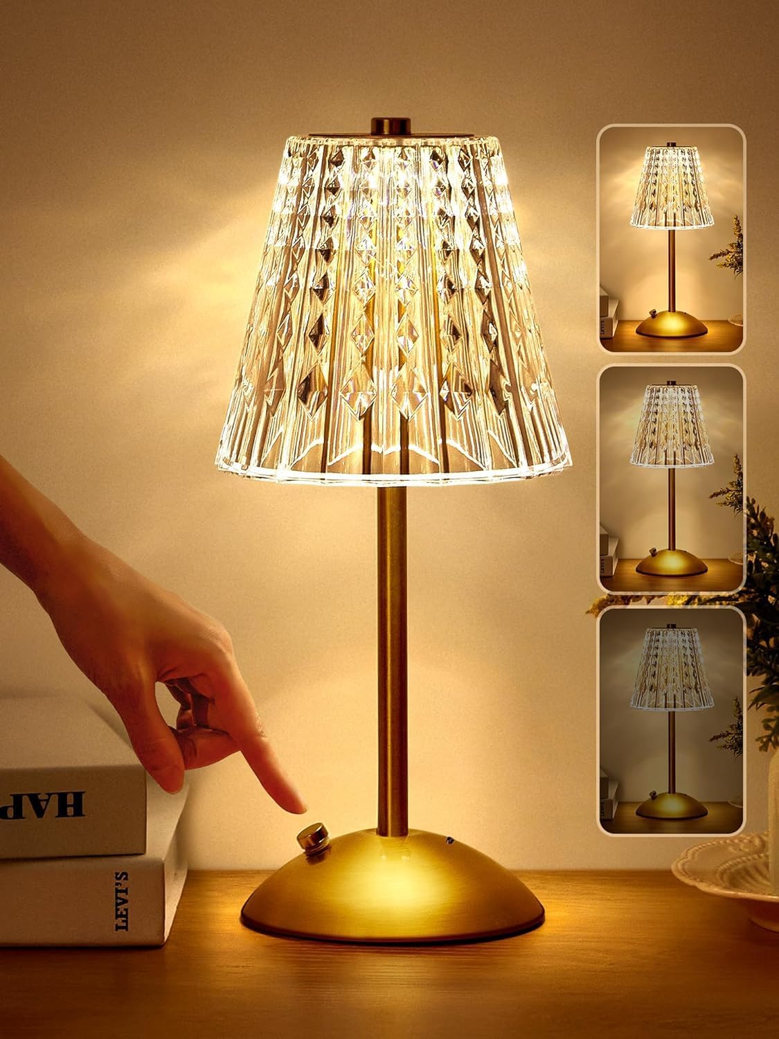 Lampka nocna dotykowa, 3-kolorowa kryształowa lampa stołowa, ładowana przez USB, bezprzewodowa, do sypialni