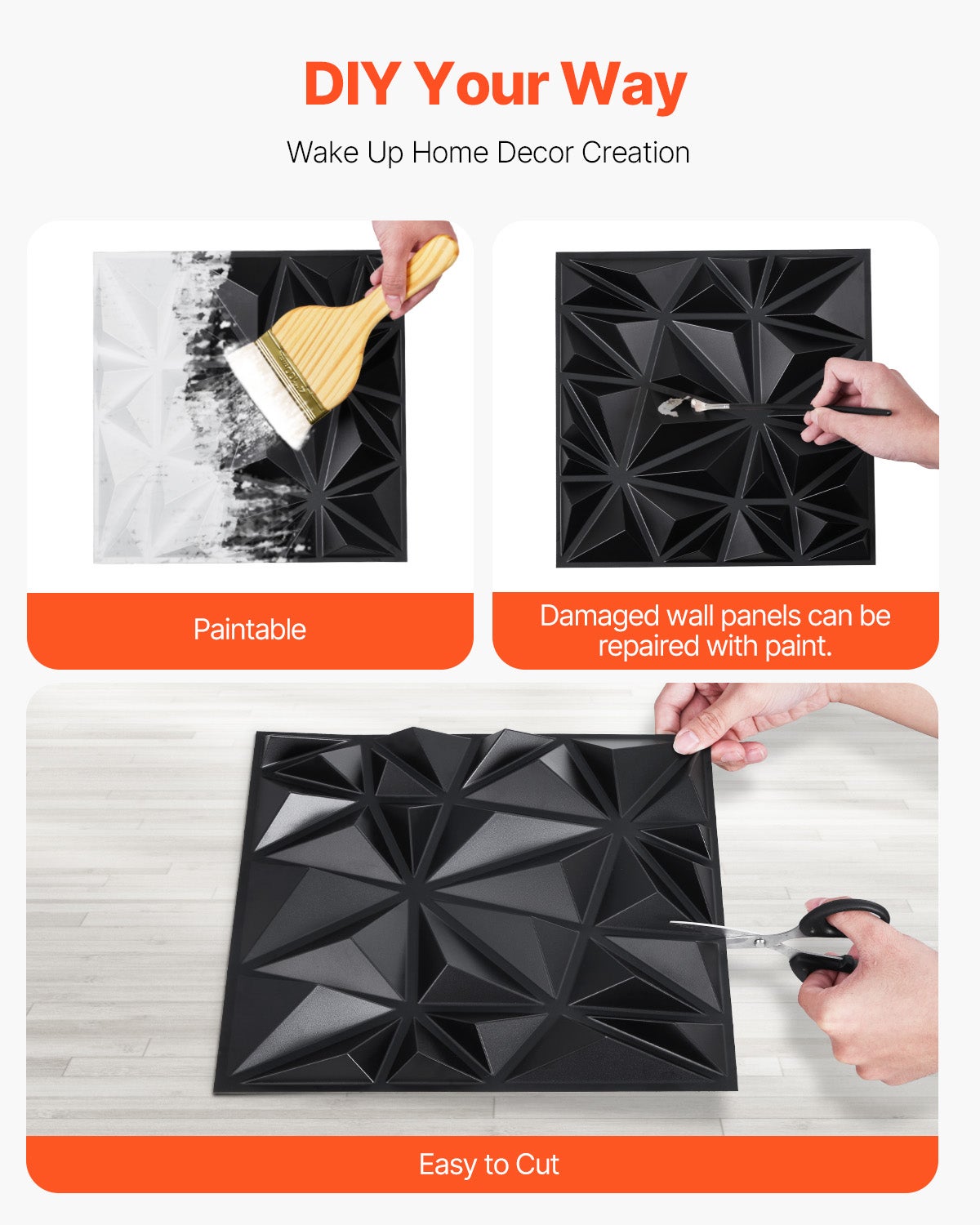 Panneaux muraux VEVOR 3D,33 carreaux diamant PVC 11,81 x 11,81 po,couverture 32 pi²,pour plafond,chambre,salon et salle de jeux,noir mat - 3
