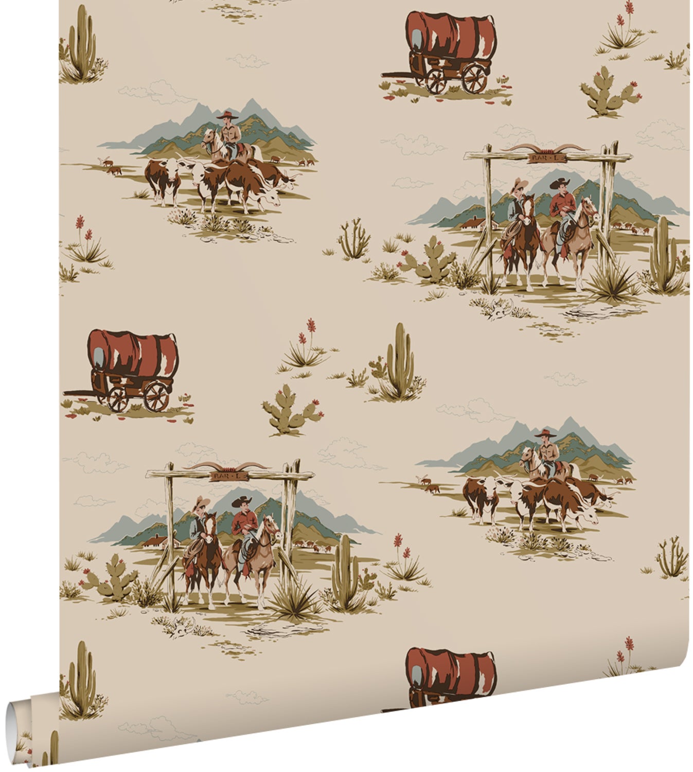 Tapeta kowboje ciemny beż,niebieskimIzielonym - 50 x 900 cm - ESTAHOME