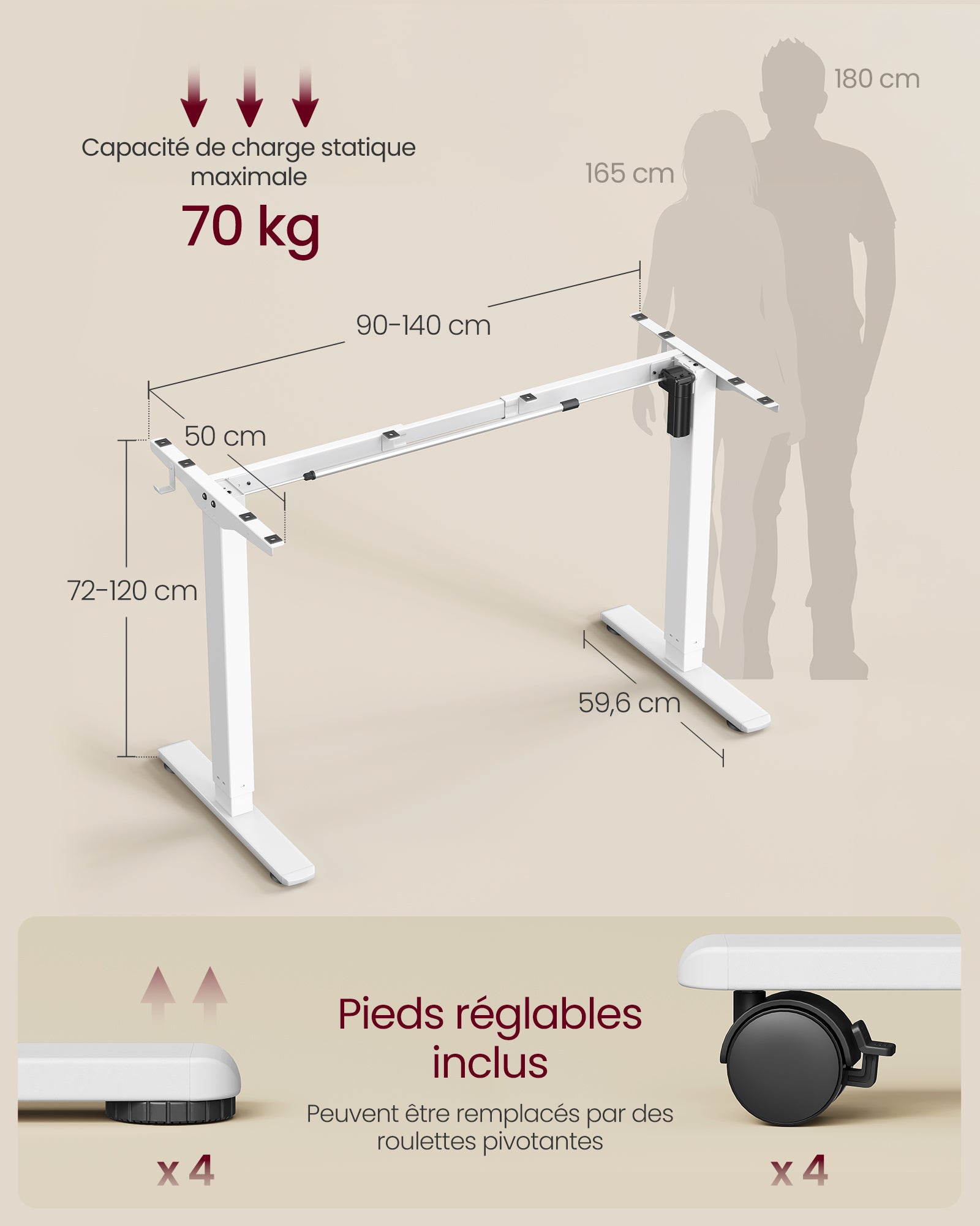 Bureau Électrique Réglable en Hauteur, Cadre de Bureau Assis-debout, avec 2 Crochets, Fonction Mémoire 3 Hauteurs, Acier, Blanc Mat - 5