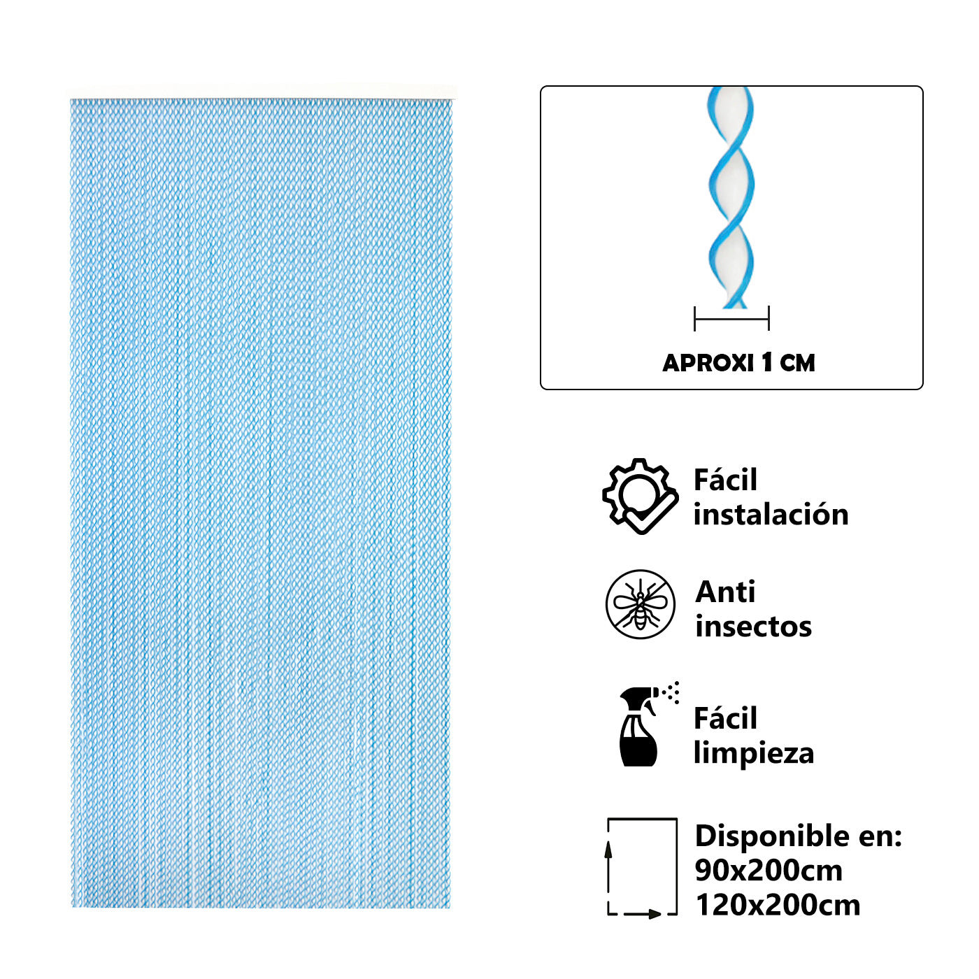 Aitsse- cortina espiral de pvc para puerta exterior o interior (200x120cm, blanco+filo azul r8)