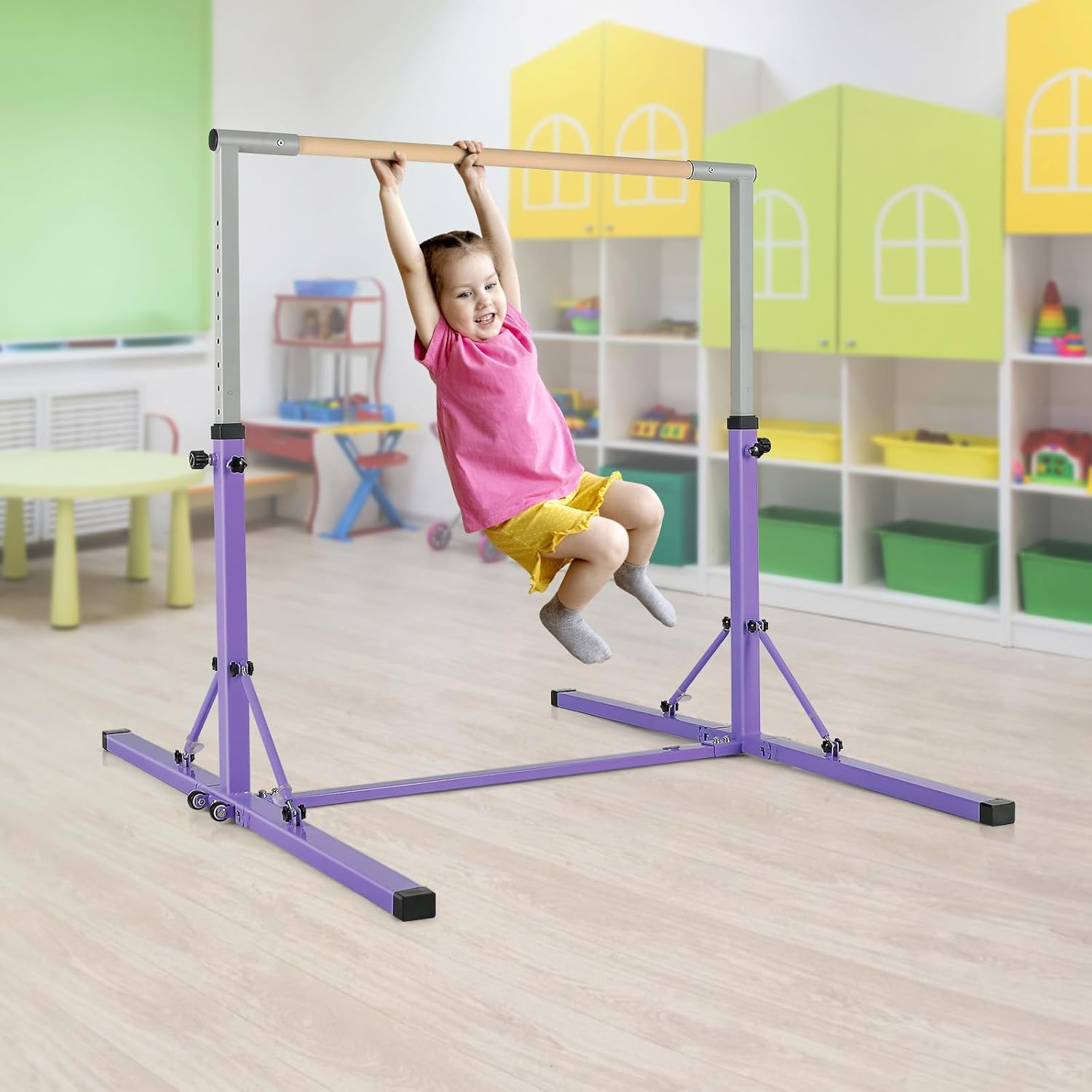 Barre de Gymnastique Pliable pour Enfants avec 13 Hauteurs Réglables (90-150cm), Barre d'Entraînement Extensible (Violet) - 2