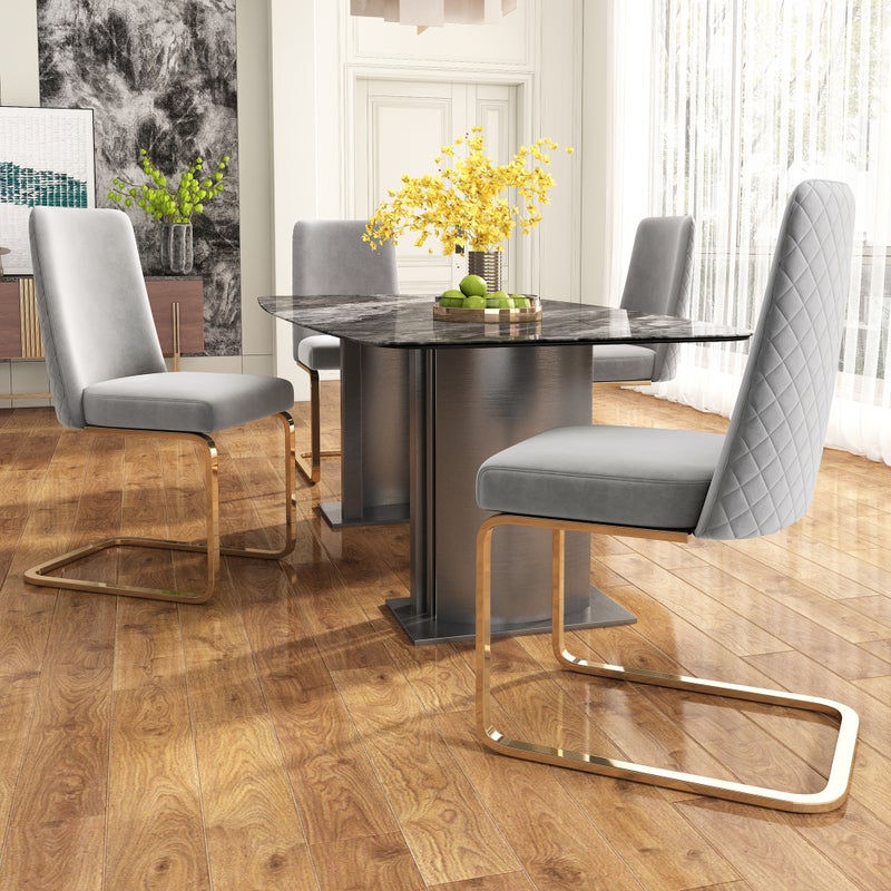 Komplet 4 krzeseł do jadalni z wysięgnikiem bez podłokietników - 45 x 52 x 88 cm - Aksamitne i złote metalowe nogi - Szary