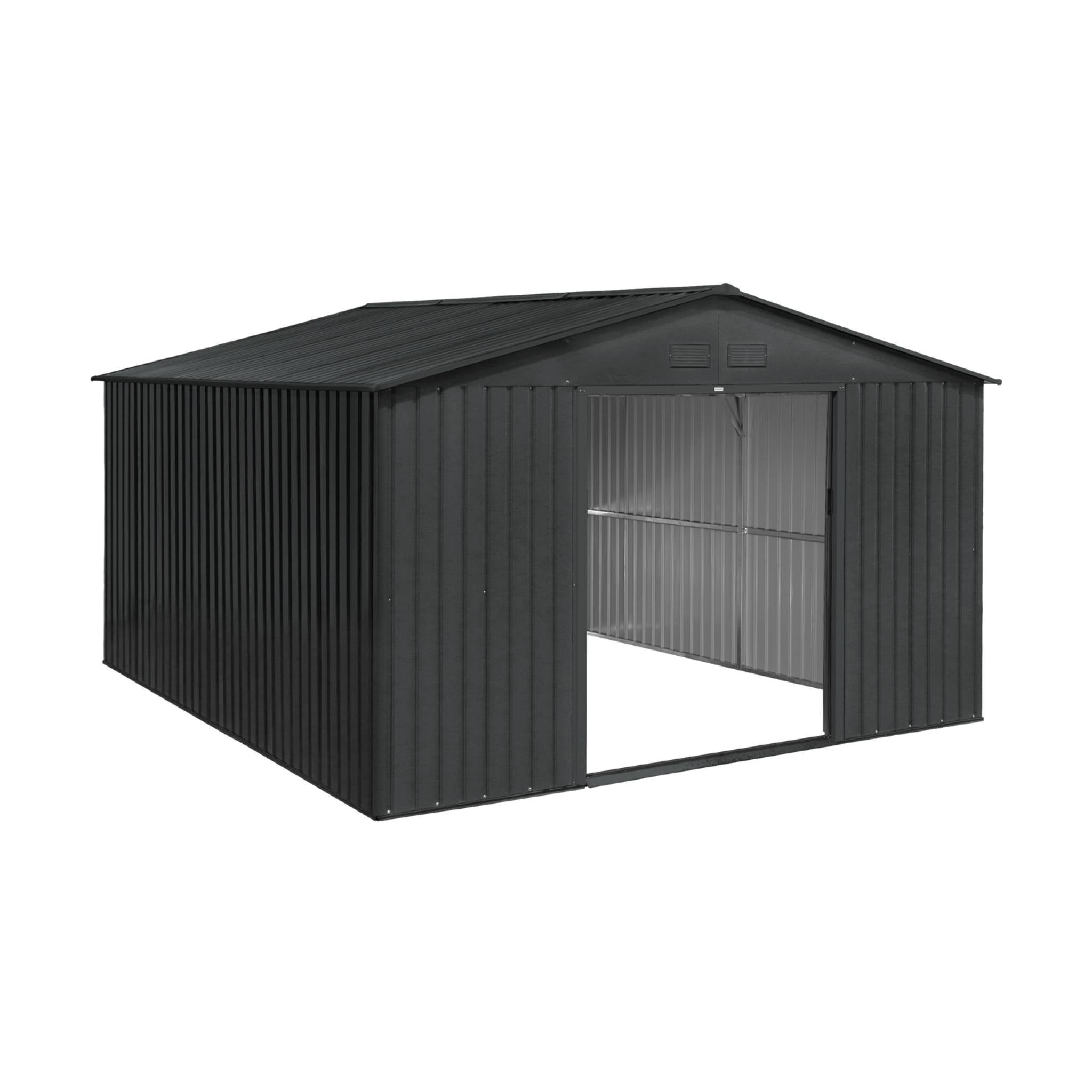 Abri de jardin en métal - Slack - 12.99 m² anthracite - Deux portes coulissantes. kit de fixation sol inclus. L 341 x 386 x 211cm - 2