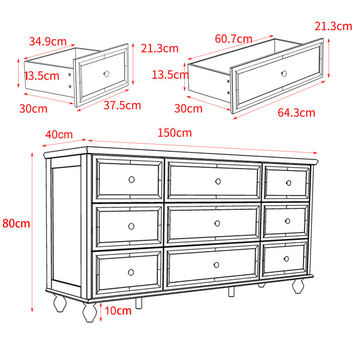 Commode moderne avec 9 tiroirs Salon Chambre Bureau 150x40x80cm façade Blanc - 6