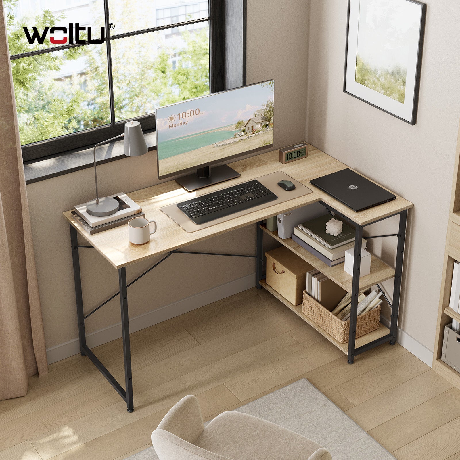 Table de bureau 120x74x71,5cm en bois et acier,Bureau d’ordinateur,Bureau informatique avec étagère,Noir+chêne clair,WOLTU - 2