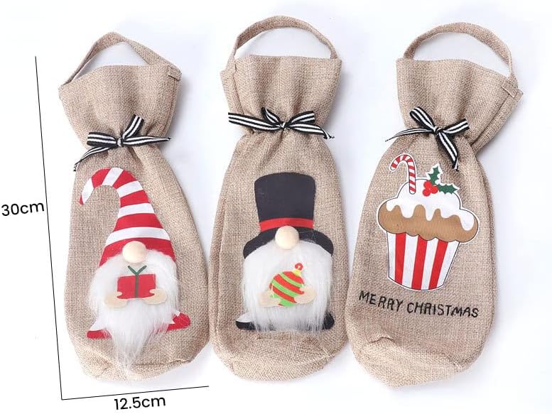 Copribottiglia di vino natalizio da 3 pezzi, sacchetti per vino in iuta con manici con coulisse, sacchetti regalo per vino natalizio per feste, matrim - 3
