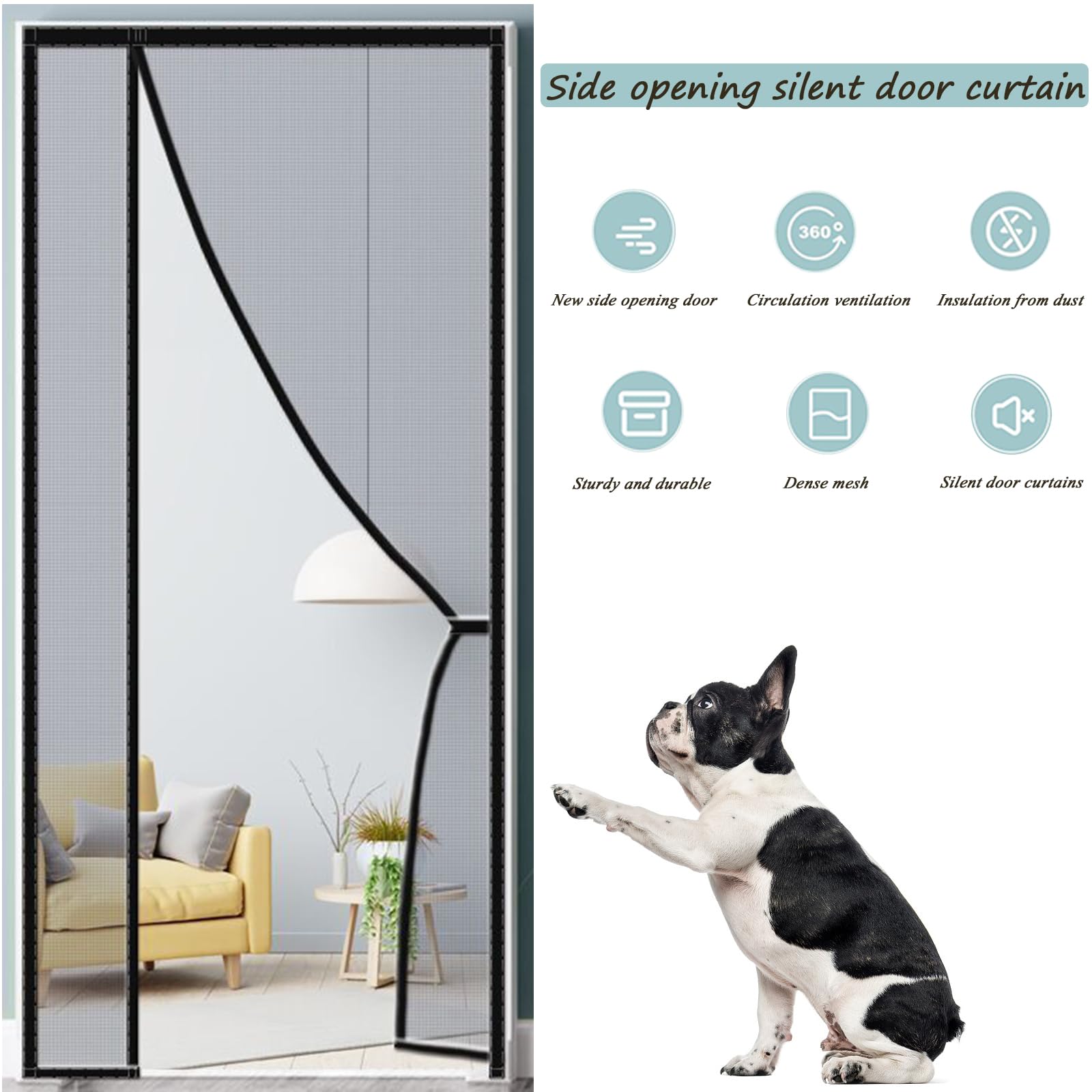Puerta Mosquitera Magnética de Apertura Lateral - Cierre Magnético, Antiinsectos, Manos Libres, Cortinas para Puerta, Negro, 95x210cm - 7
