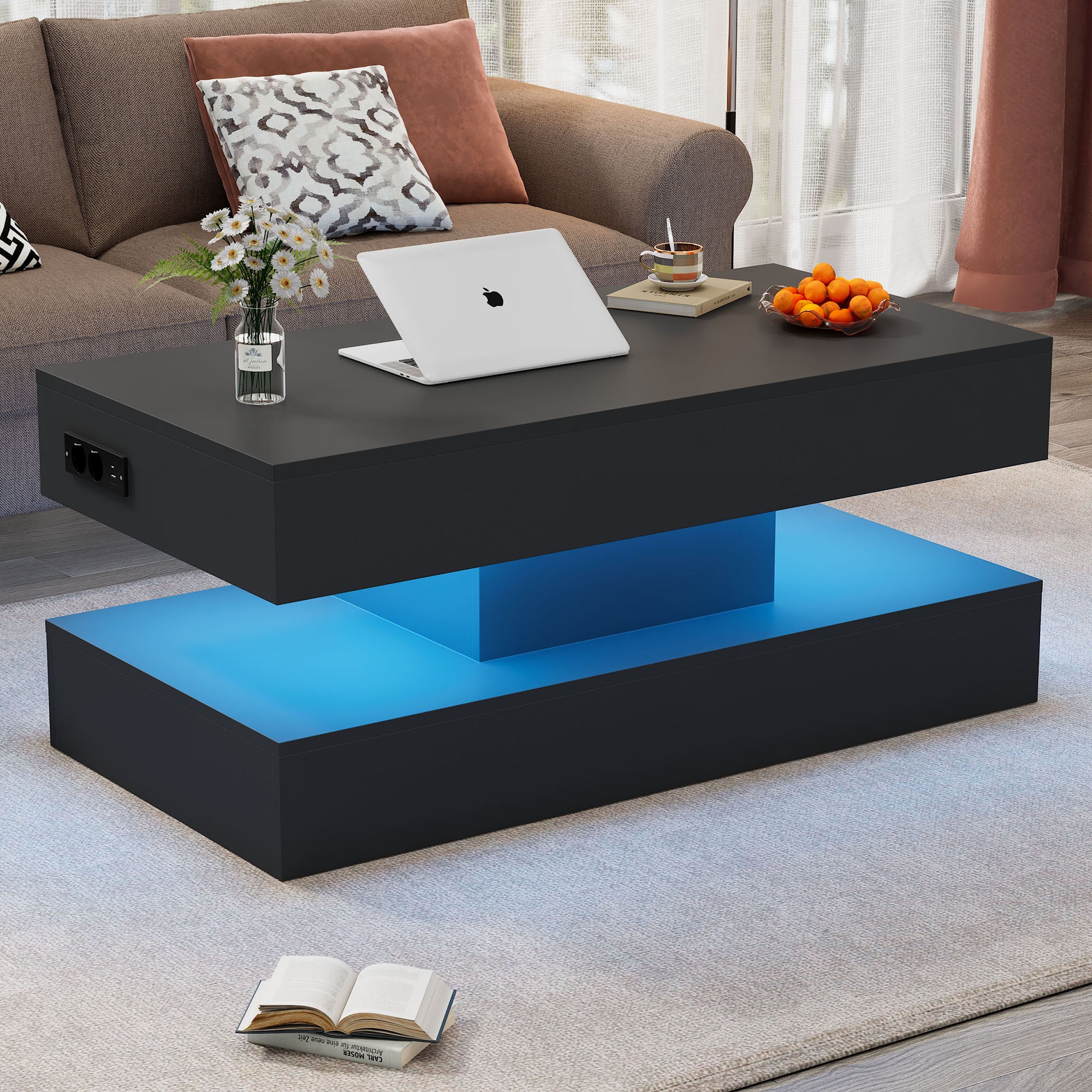 Table basse relevable avec prises USB et cahrge - 100 x 50 x 42 cm - LEDs - Panneau de particules - Noir - 5