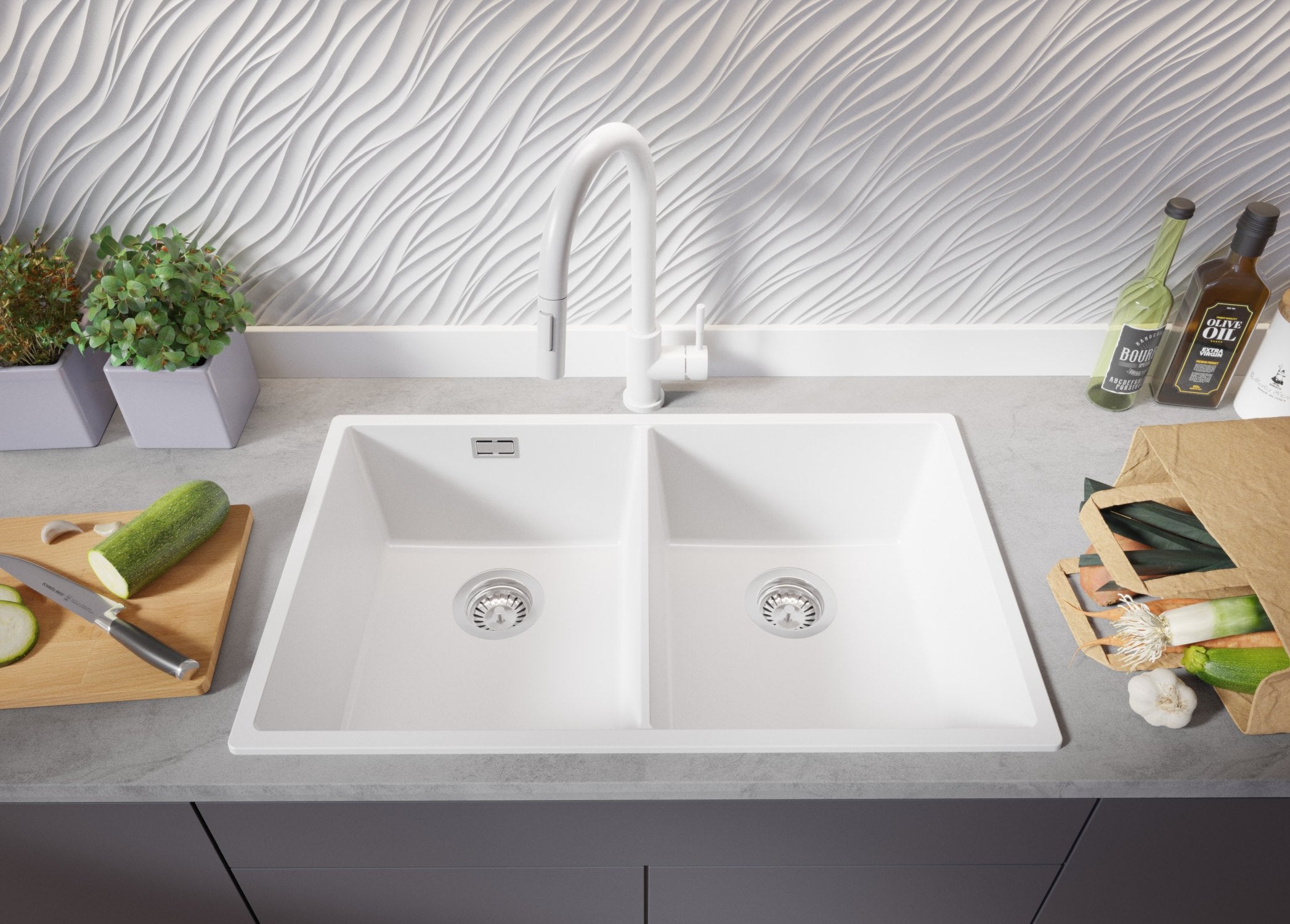 Lavandino da Cucina Bianco 76x47cm, Lavello in Granito a 2 vasche + Sifone Classico + Accessori, Lavabo da Cucina Incasso al mobile 80cm PRIMAGRAN - 3