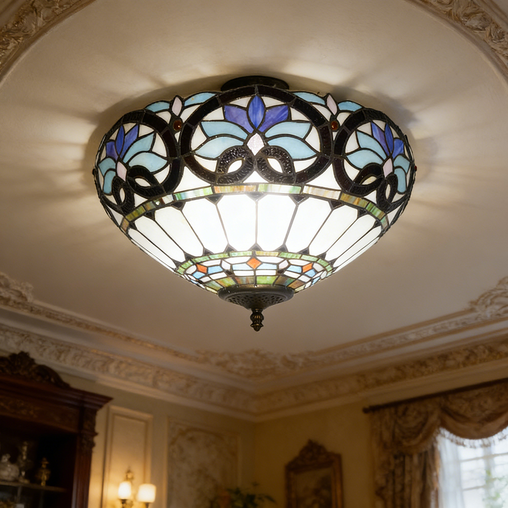 Plafonnier Tiffany, Lustre encastré, Suspension en verre, Éclairage d'entrée LED, Lampadaire LED rétro, φ40 cm (ampoule non incluse) - 2