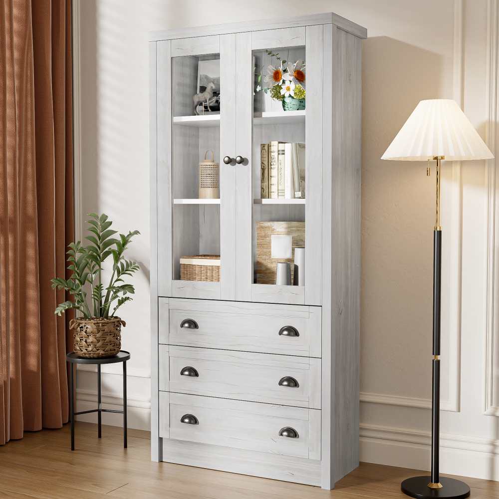 Wysoka szafka 80x34x171 cm imitacja drewna z drzwiami szklanymi, 3 szufladami i uchwytami miedzianymi