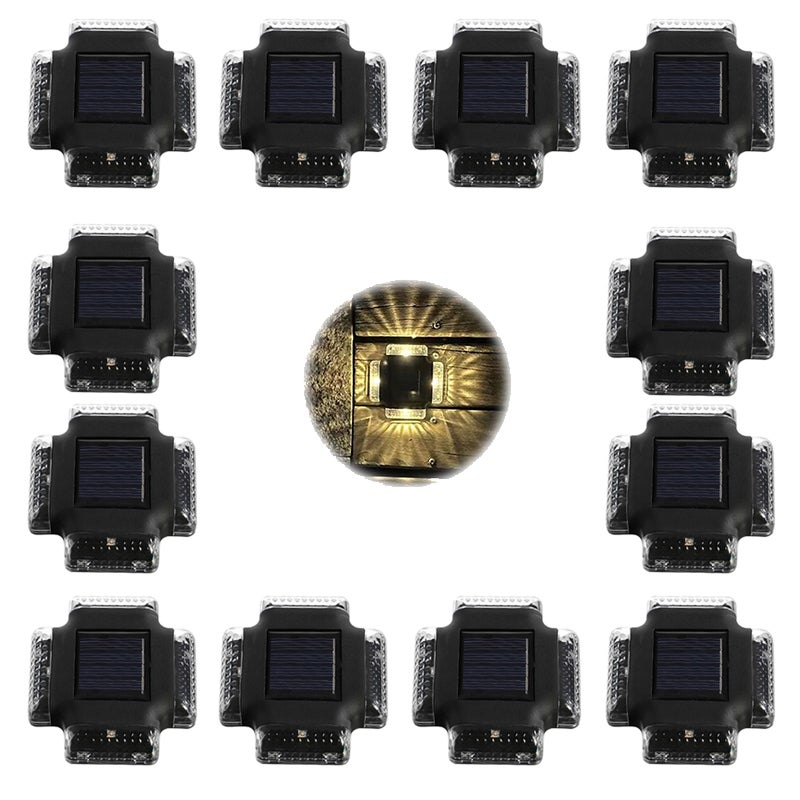 Czterostronny solarny kinkiet, 12 sztuk, zewnętrzne światło słoneczne, 4 LED, ciepłe światło polikrystaliczne