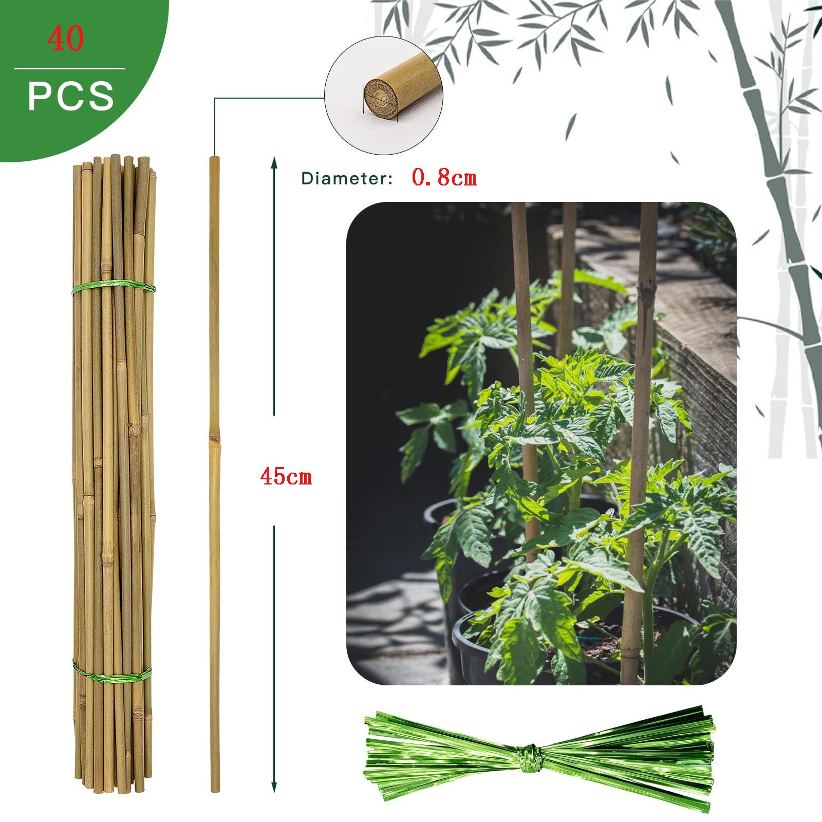 Lot de 40 piquets de jardin en bambou pour plantes de jardin, piquets en bois naturel pour plantes de tomates, haricots, plantes en pot (45 x 0,8 cm) - 3