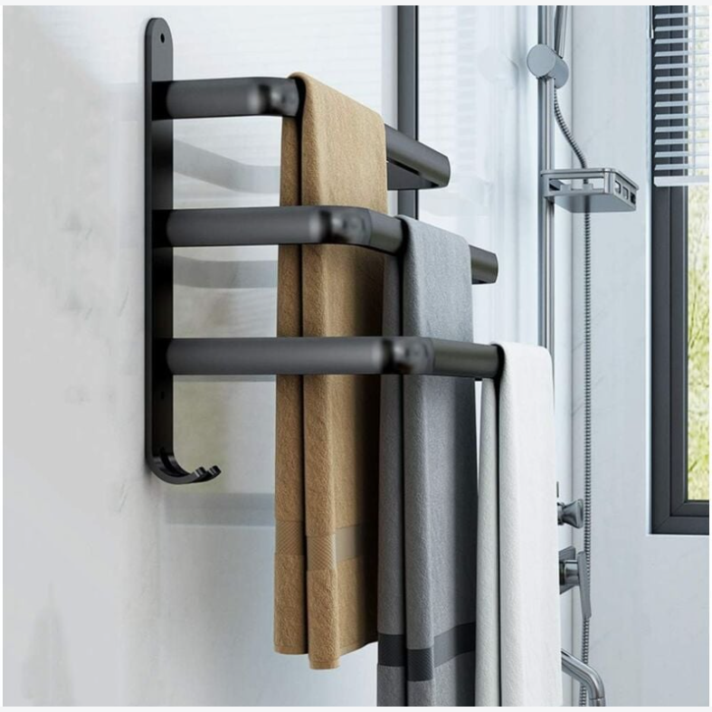 Porte Serviettes Salle de Bains Noir - Barres Porte Serviettes Adhesif Mural - Étanche avec Crochet(30cm, Three Bars) - 4