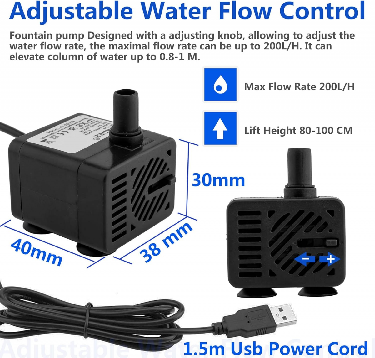 Mini bomba de água submersível USB (DC 5 V 1-3 W 200 L/H) ajustável, ultra silenciosa, pequena bomba de água para animais de estimação, aquário, lago - 5