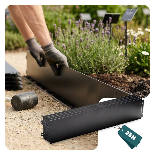 Lot de 25 Bordure de jardin en métal flexible 100x18cm noir - clôture gazon antirouille 25m - VOUNOT®