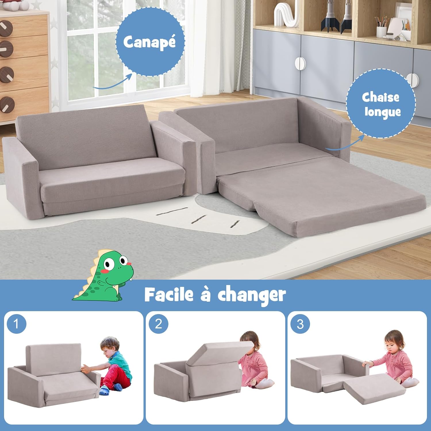 Canapé Modulable Enfant 14 Pièces - Transformable En Lit, Cabane, Voiture - Tissu Flanelle Doux, Mousse 25D - Jeu Créatif Et Sécurité - Dimensions 140x70x50 Cm