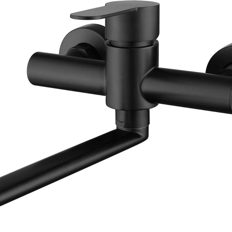 Czarny ścienny kran kuchenny, obrotowy 360°, do zlewu, ścienny, wpuszczany, jednouchwytowy, szczotkowana stal nierdzewna, wylewka 225 mm