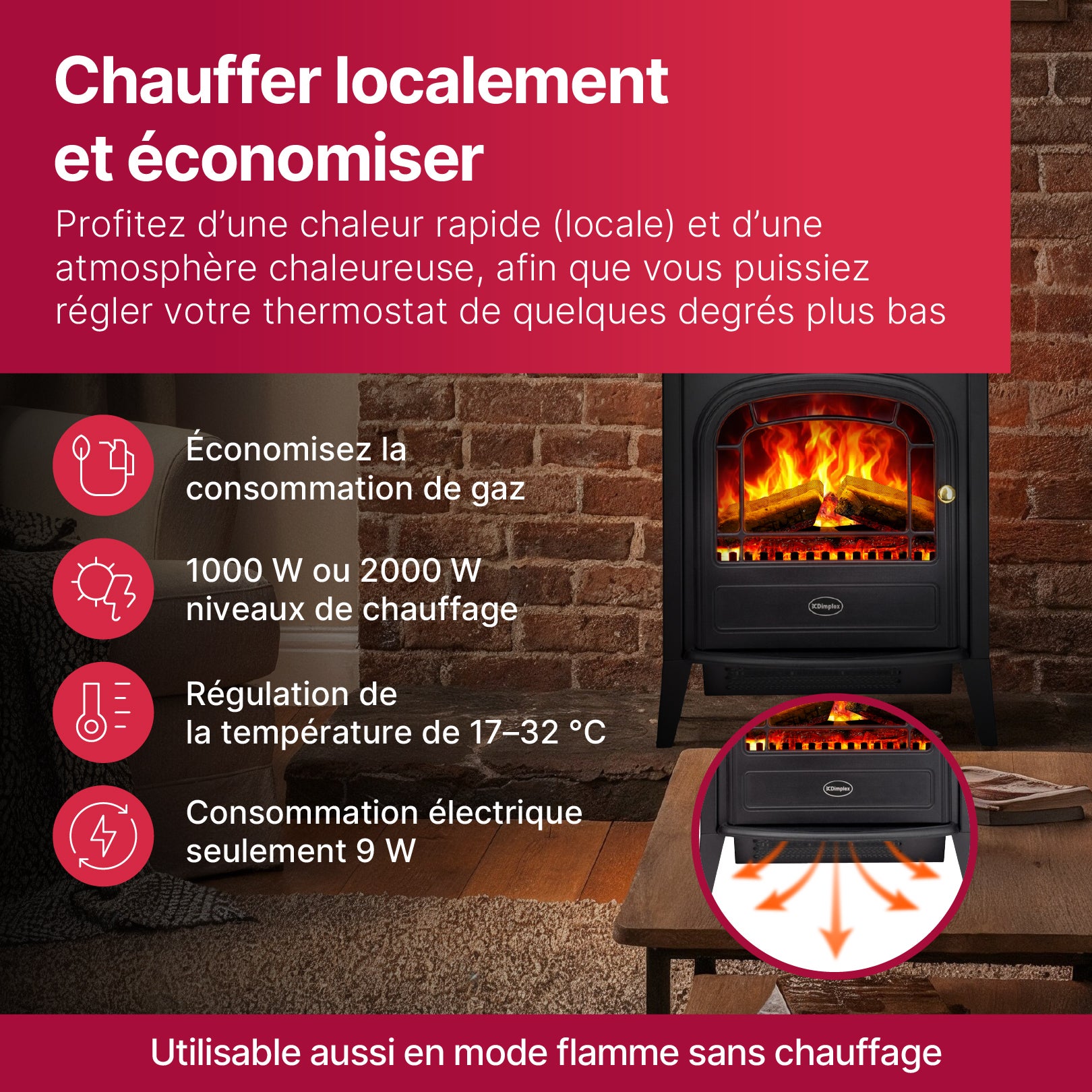 Cheminée électrique avec chauffage sur pied - Dimplex - Optiflame, 2000W, télécommande - Club - 2