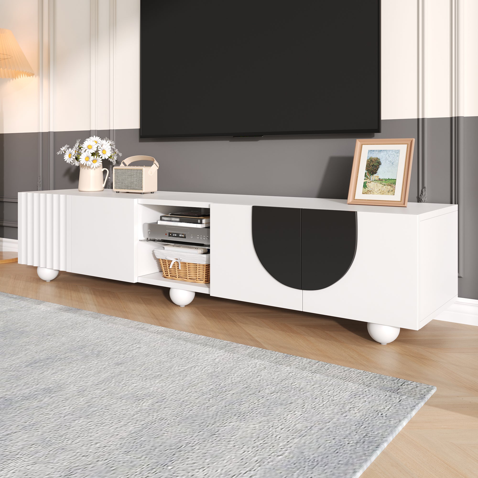 Nowoczesna szafka RTV z 4 drzwiami i 2 półkami - 180 x 40 x 41,5 cm - Płyta wiórowa + MDF - Biała