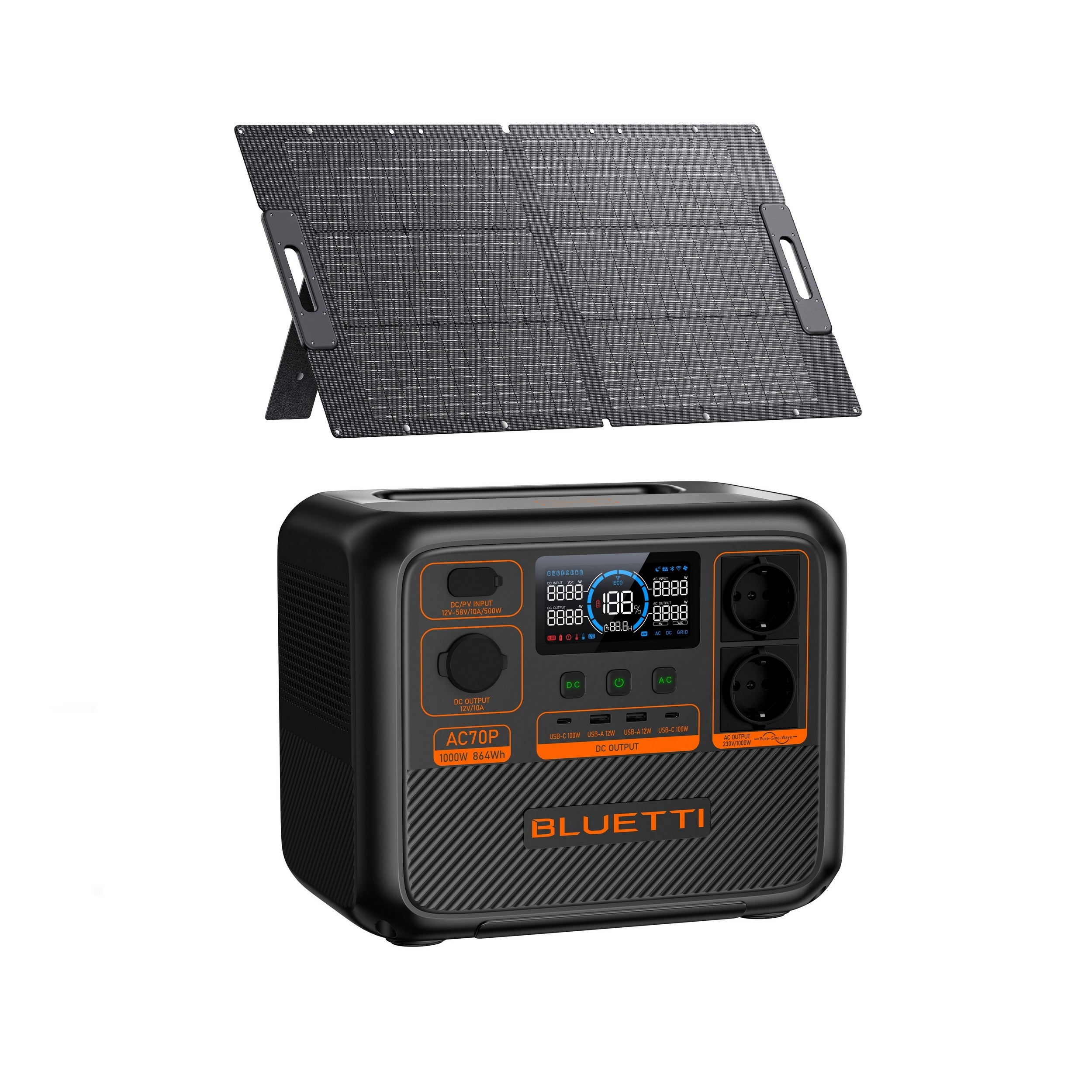 Bluetti  Kit Ac70p Con Panel Solar 100W, 864Wh Lifepo4, Generador Solar 2X1000w , Leroy Merlin
