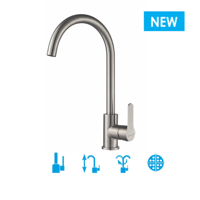 Edesa Grifo Monomando Niagara Acero Inoxidable Caño Alto Curvo Giratorio 360º Aireador Anticalcáreo 5l/min Apertura Frío Color Gris