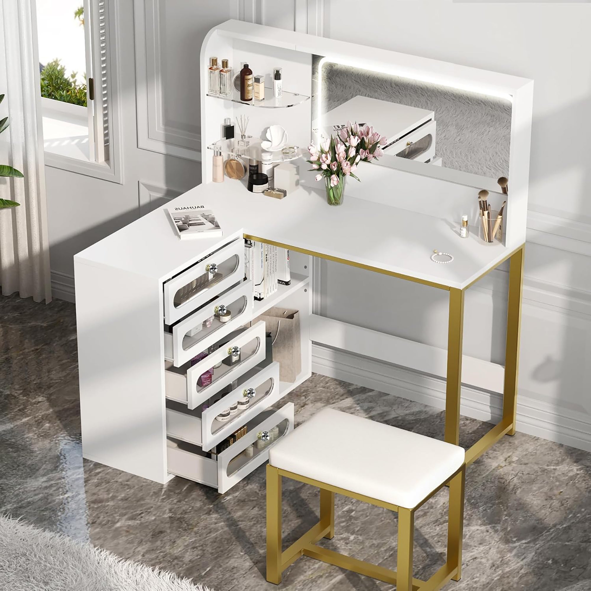Coiffeuse avec miroir led, tabouret de coiffeuse, 5 tiroirs et 2 compartiments de rangement, design d'angle en L, blanc, table d'appoint, coiffeuse - 3