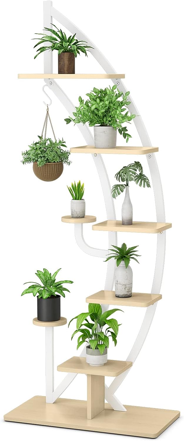Suport pentru plante din metal la 7 niveluri, raft de flori cu crochet, plante de poartă în formă de jumătate de lună, 60 x 30 x 155 cm, alb