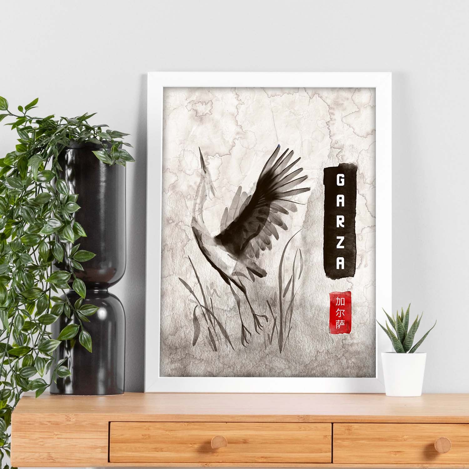 Lamina garza. pósteres en estilo sumi-e. imagenes vintage de animales en tonos grises. sin marco - a4