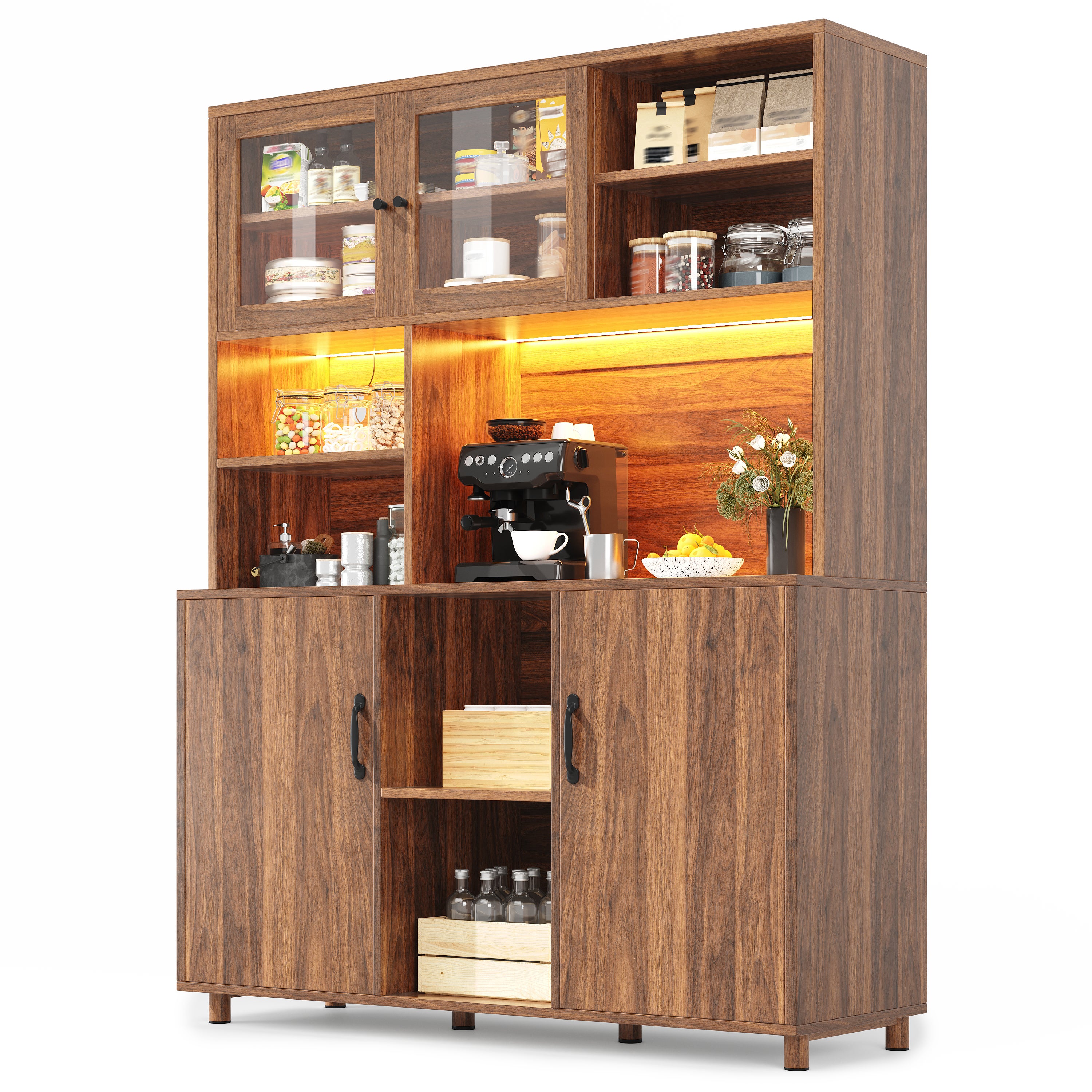 Armario alto para salón y cocina, MDF y vidrio, iluminación LED ...