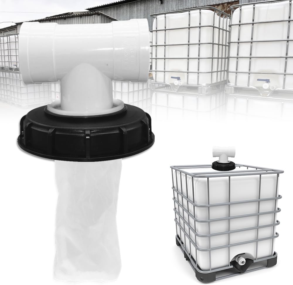 Pokrywa filtra zbiornika IBC, zmywalna, nylonowa (z pokrywą), odpowiednia do zbiornika na deszczówkę o średnicy 165 mm, trójnik typu T, 1 sztuka