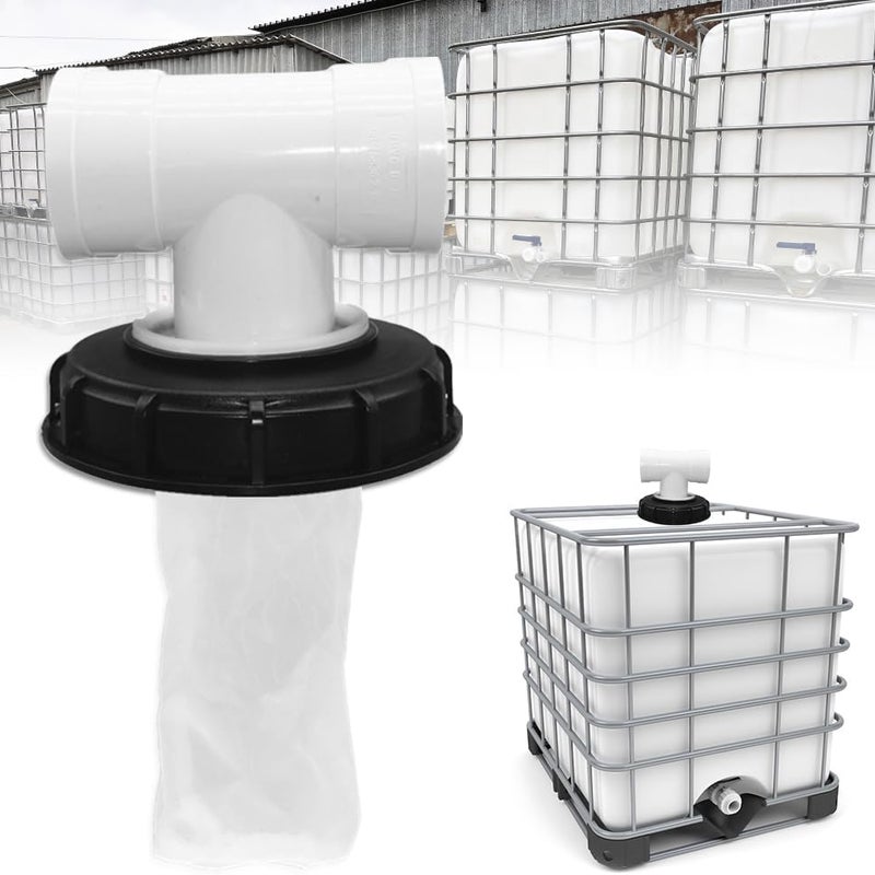 Pokrywa filtra zbiornika IBC, zmywalna, nylonowa (z pokrywą), odpowiednia do zbiornika na deszczówkę o średnicy 165 mm, trójnik typu T, 1 sztuka