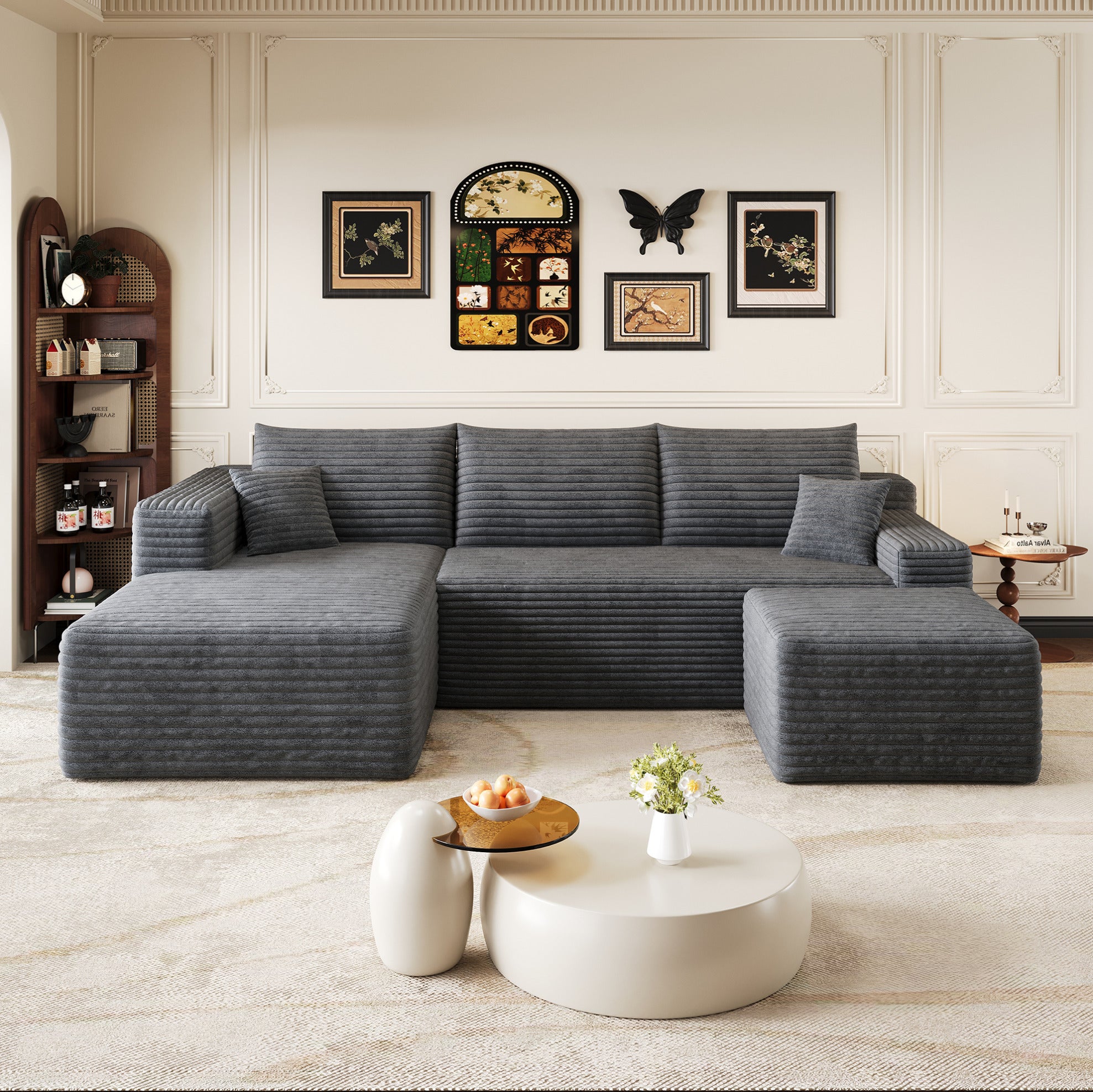 Canapé d'angle 4 places 241 cm, style moderne minimaliste, tissu côtelé gris foncé, assise profonde, sans montage - 2