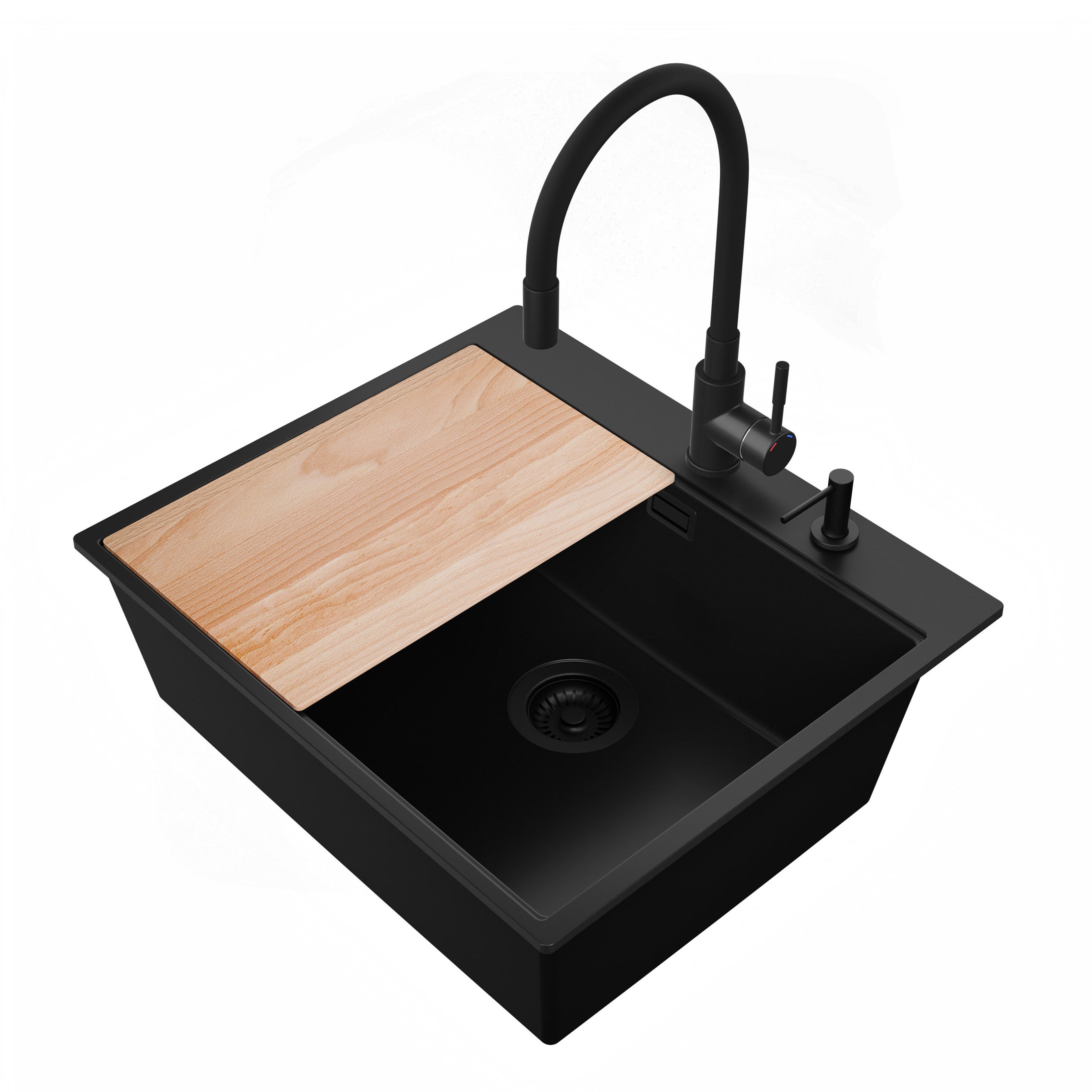 Zlewozmywak Granitowy 58x50cm, do szafki od 60cm + Bateria + Syfon + Deska - Rubin Cały Czarny STONESTYLE