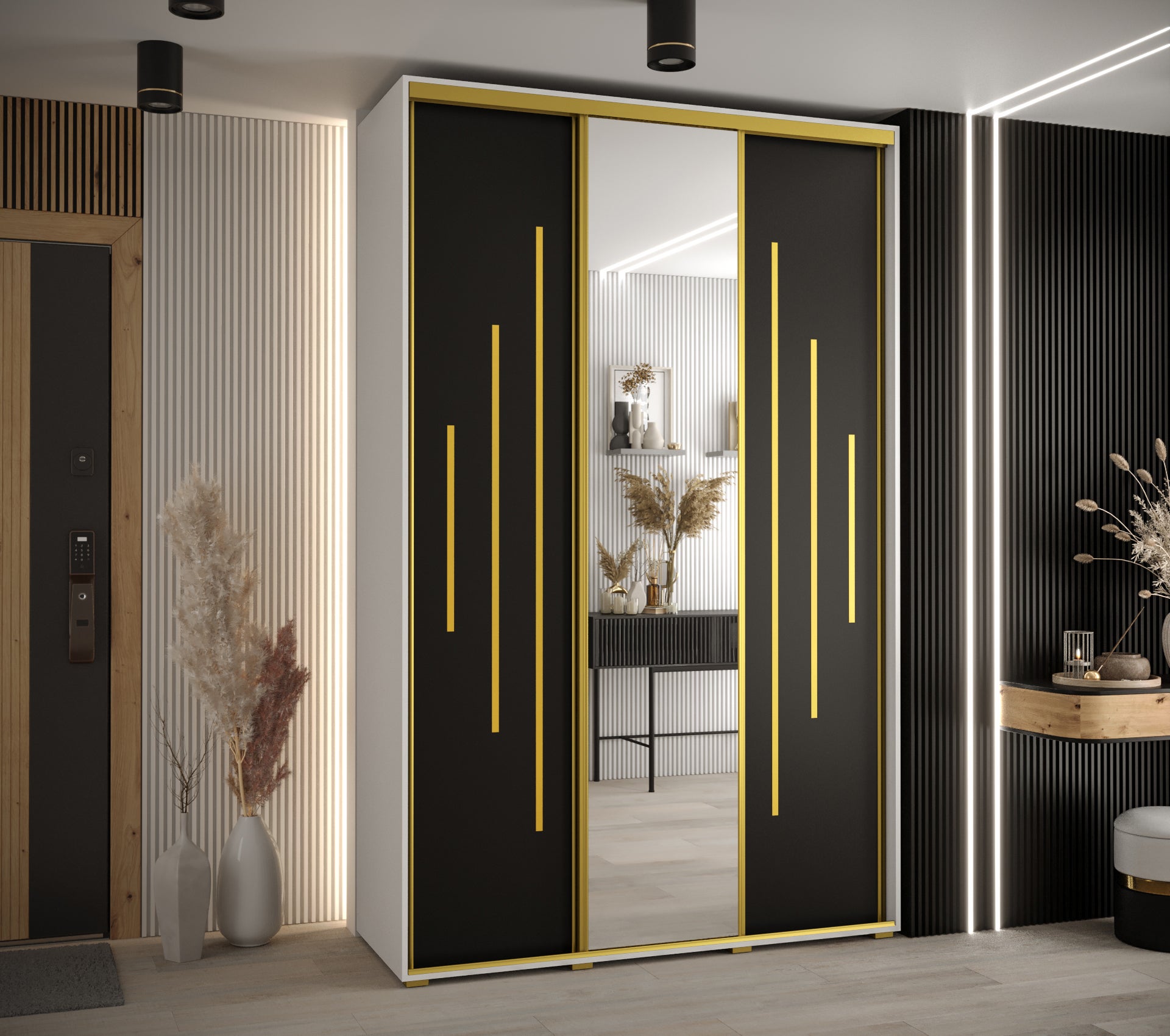 Szafa przesuwna z lustrem wysoka Davos 13 160 x 60 x 235,2 cm biały + czarny + u. złoty - Abiks Meble - 2