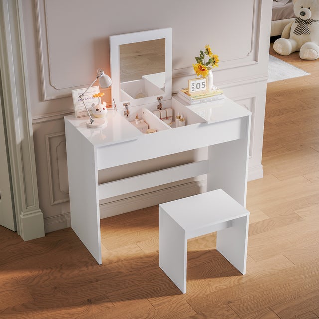 Sgabello Trucco Shabby Chic Legno Bianco | 40x30x51cm | Con Rivestimento Floreale - Foto 6