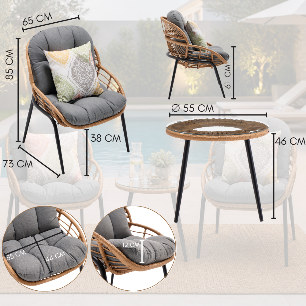 Ensemble de jardin en rotin pour balcon, comprenant 2 fauteuils et une table basse, structure en acier peint, coussins inclus, mobilier d'extérieur - 2