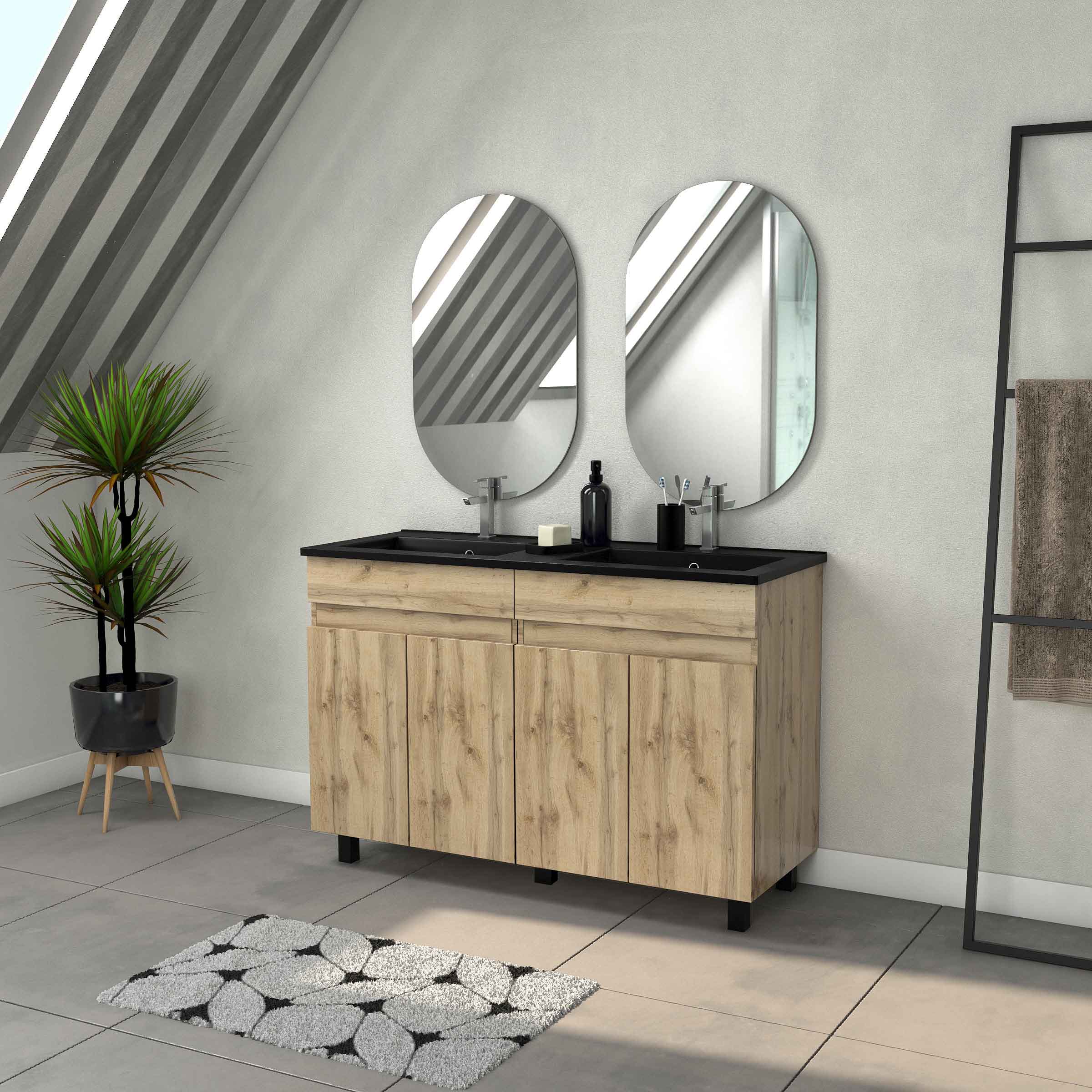 Mueble baño 120 cm roble + lavabo negro + espejos ovalados