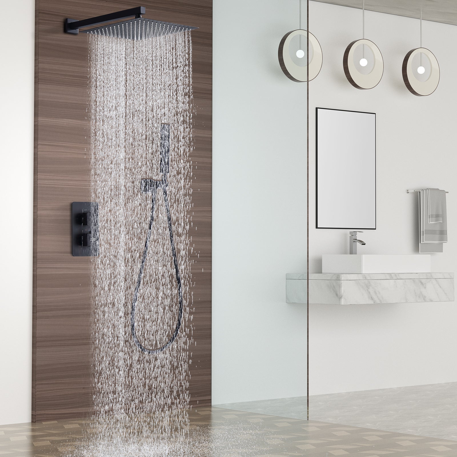 Colonne de Douche Encastrée Noir Système de Douche Thermostat en Laiton avec Tête de Douche Carrée 30*30CM HOMELODY - 2