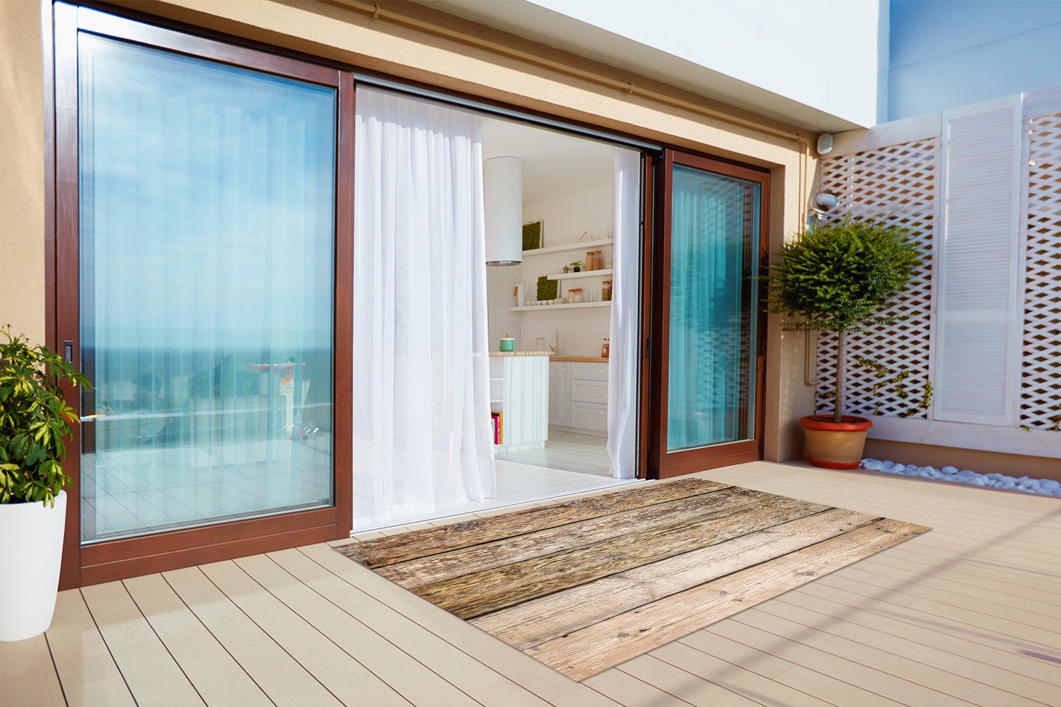 Tapis en vinyle extérieur décoratif imitation planches bois naturelles style moderne terrasse 150x225 – Tulup - 5