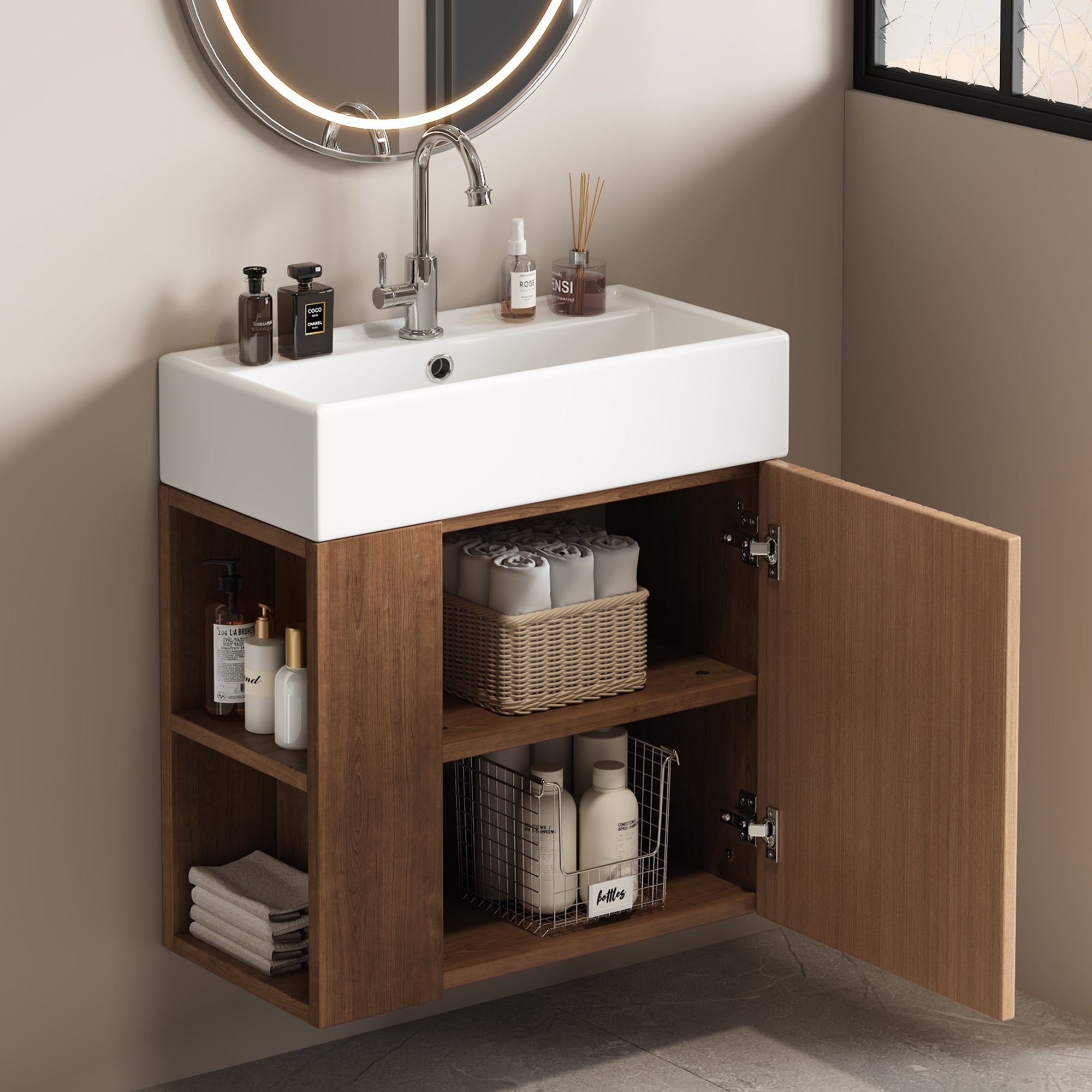 Meuble de salle de bain suspendu avec vasque carreé - 4 compartimrnts - Marron(robinet non inclus) - 7