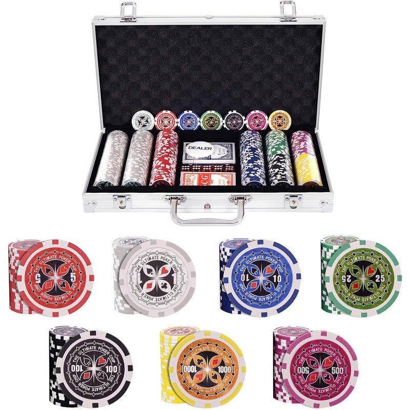 Walizka Pokerowa z 300Żetonami, 2 Zestawami Plastikowych Kart, Walizka Aluminiowa, Profesjonalne Kasyno, Odpowiednie dla Rodziny i Przyjaciół, Srebrna