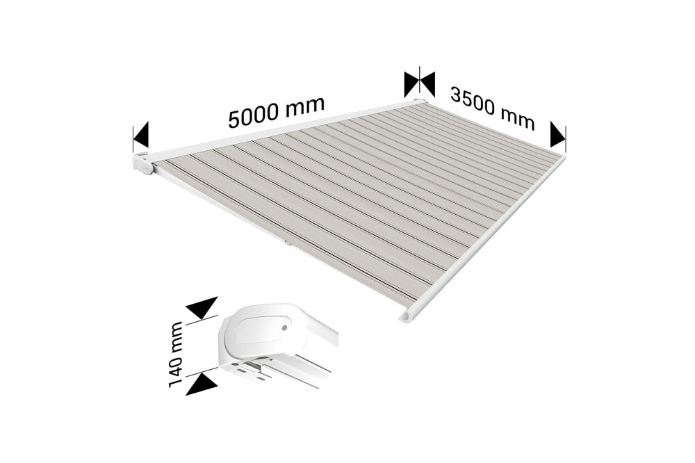 Store banne Coffre intégral PROTECT 2 LED SMART Blanc 5x3,5m Motorisé à télécommande + Capteur Vent + LED - Toile Grise Rayée - 4