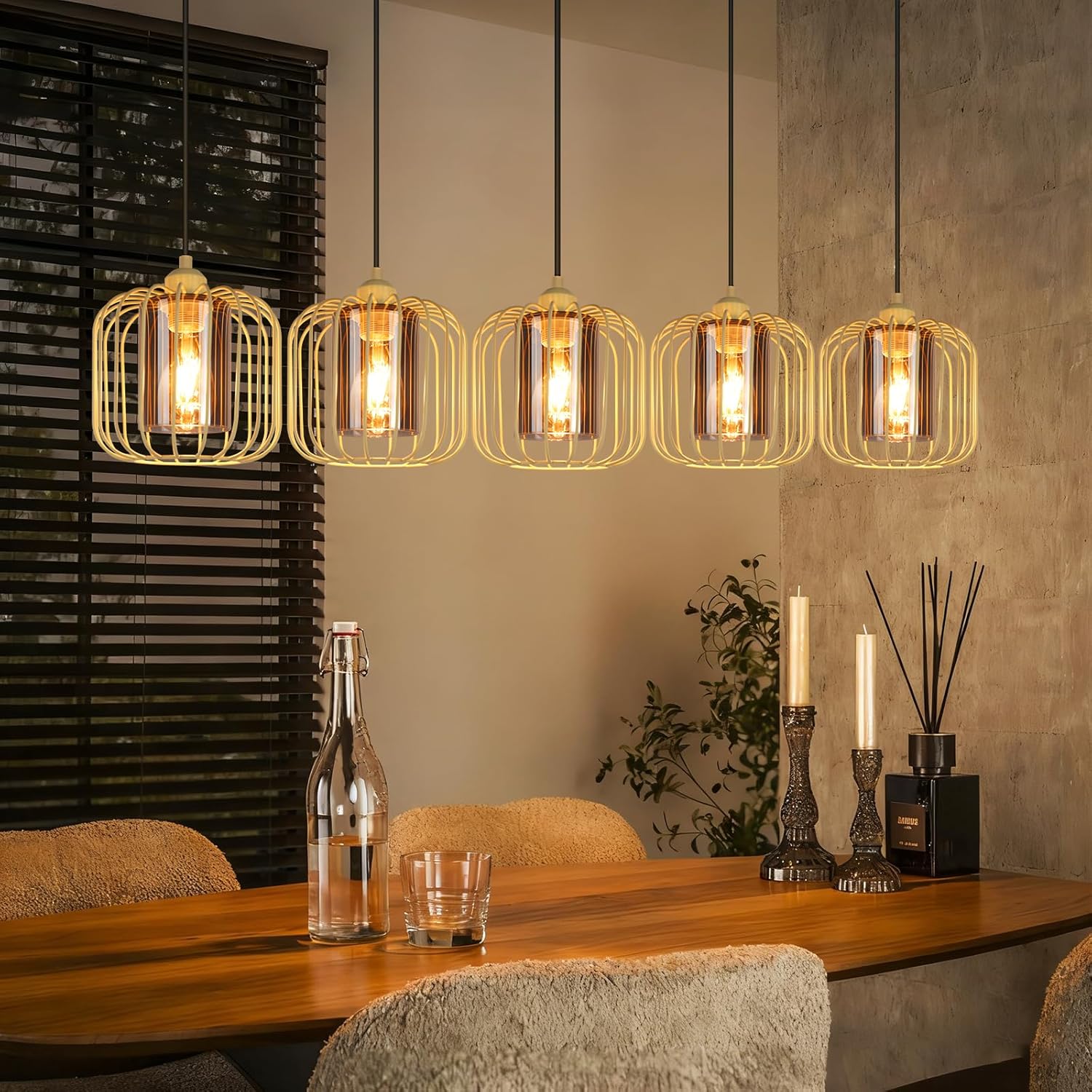 Lampa wisząca Nettlife Vintage z pięcioma żarówkami, szkło i metalowy żyrandol do jadalni, E27 z regulacją wysokości (żarówki nie są dołączone)