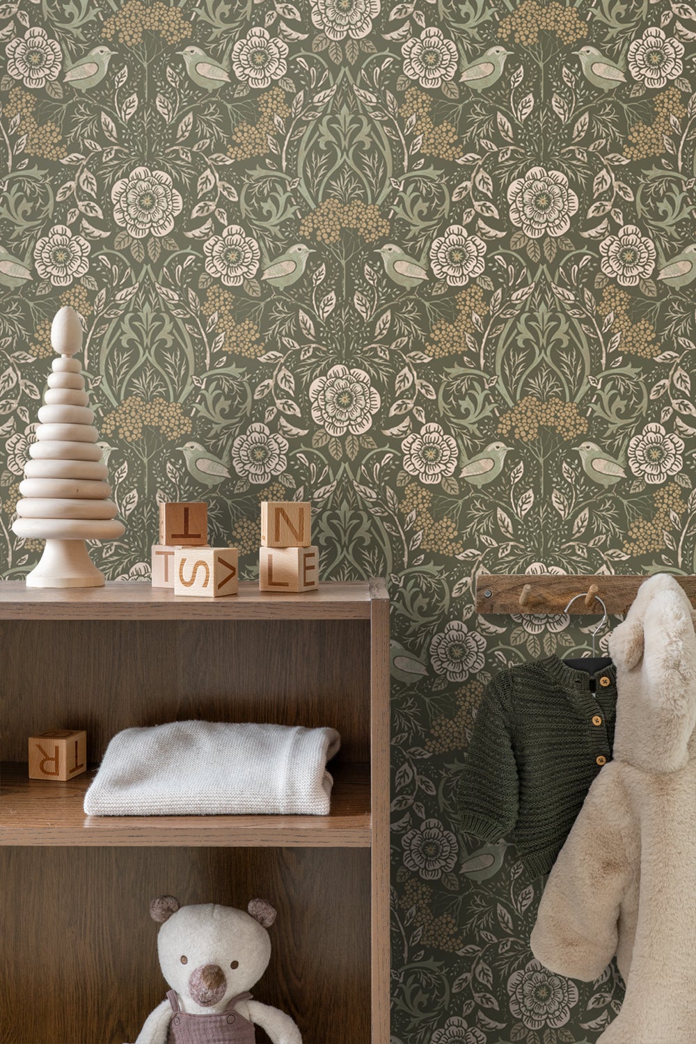 Papier peint fleurs et oiseaux vert foncé - 53 cm x 10.05 m - ESTAhome - 4